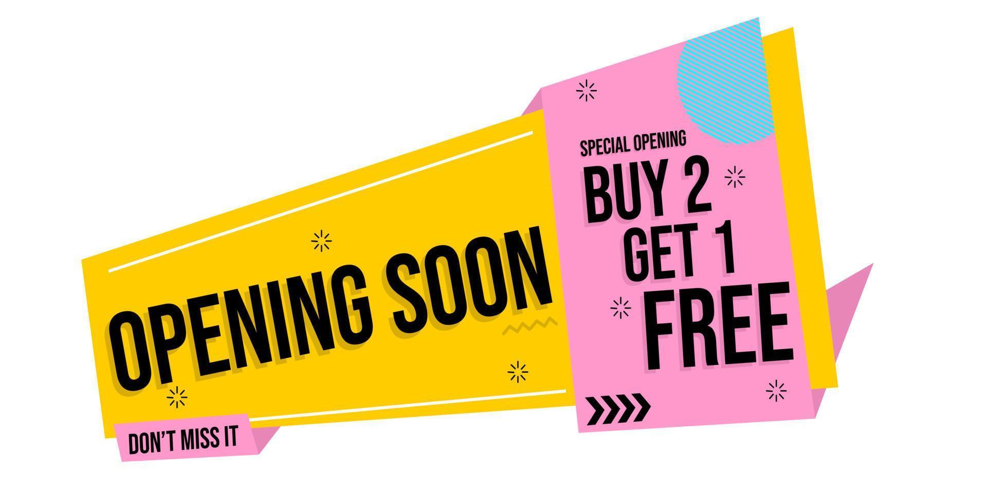 advertising banner containing opening soon and buy 2 get 1 free with mamphis theme and yellow background. vector