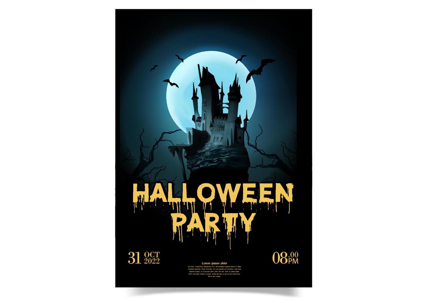 castillo oscuro con luna llena en la noche misteriosa. cartel de fiesta de halloween vector