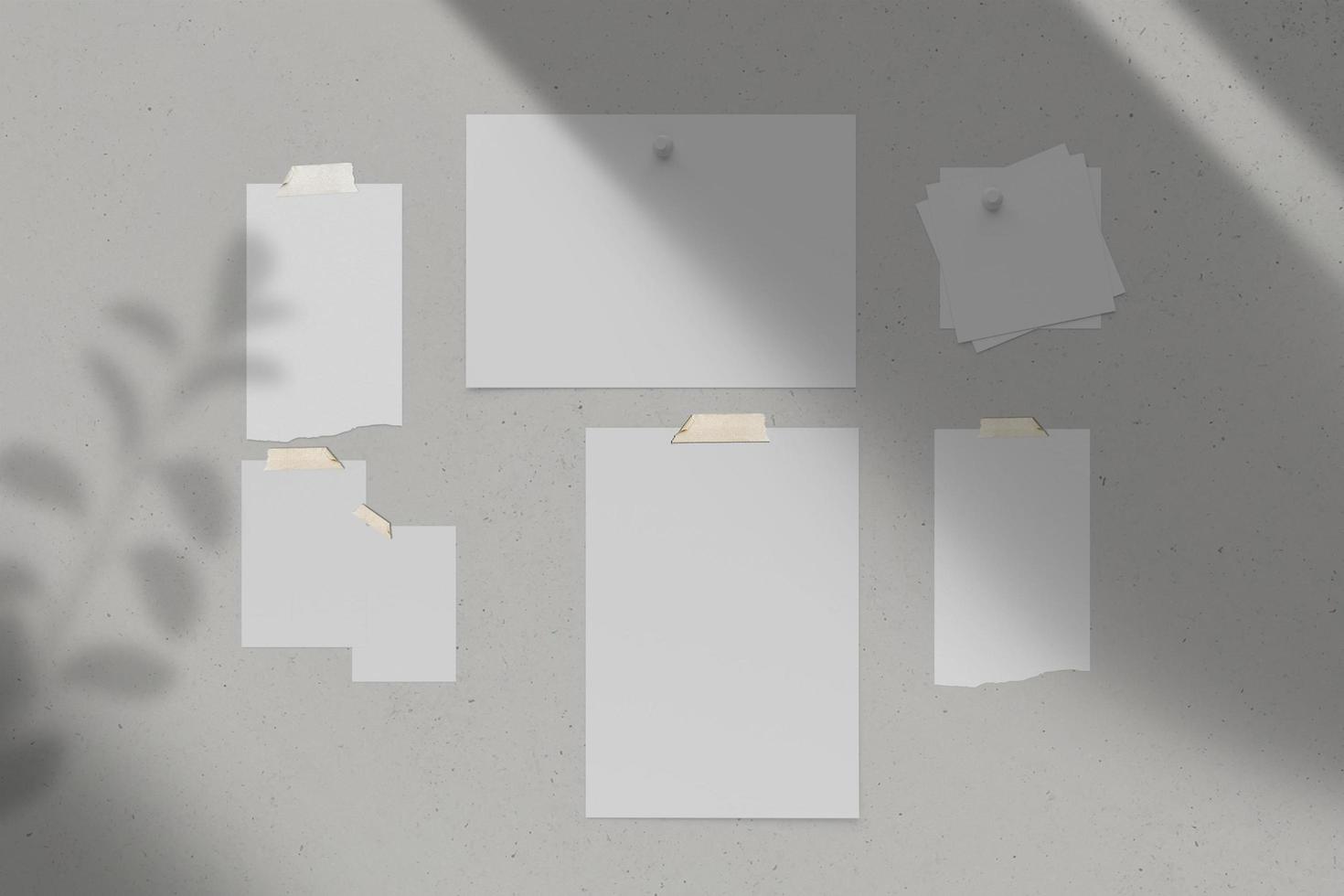 Moodboard template composition with blank photo cards, torn paper, square frames glued with adhesive tape and isolated on white as template for graphic designers presentations, portfolios etc