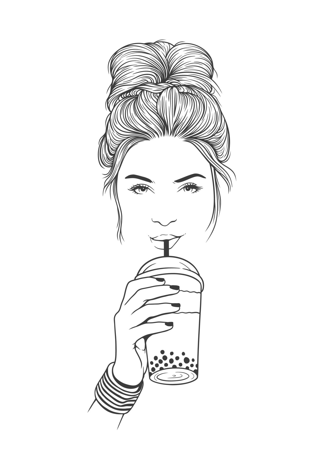 Pretty woman with a messy bun hairstyle. Drinking boba bubble tea. Hand drew black and white vector line art illustration on white background 6646625 Vector Art at Vecteezy Pretty woman with a messy bun hairstyle. Drinking boba bubble tea. Hand drew black and white vector line art illustration on white background 6646625 Vector Art at Vecteezy