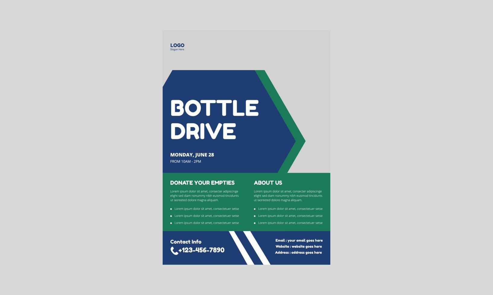 Plantillas de folletos de manejo de botellas. diseño de folleto de donación de caridad. portada, tamaño a4, afiche, diseño de volante. vector