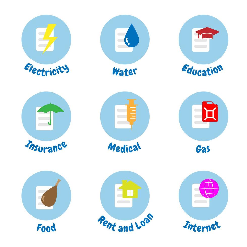 Household expenses icon set. Everyday or monthly expenses in the household vector