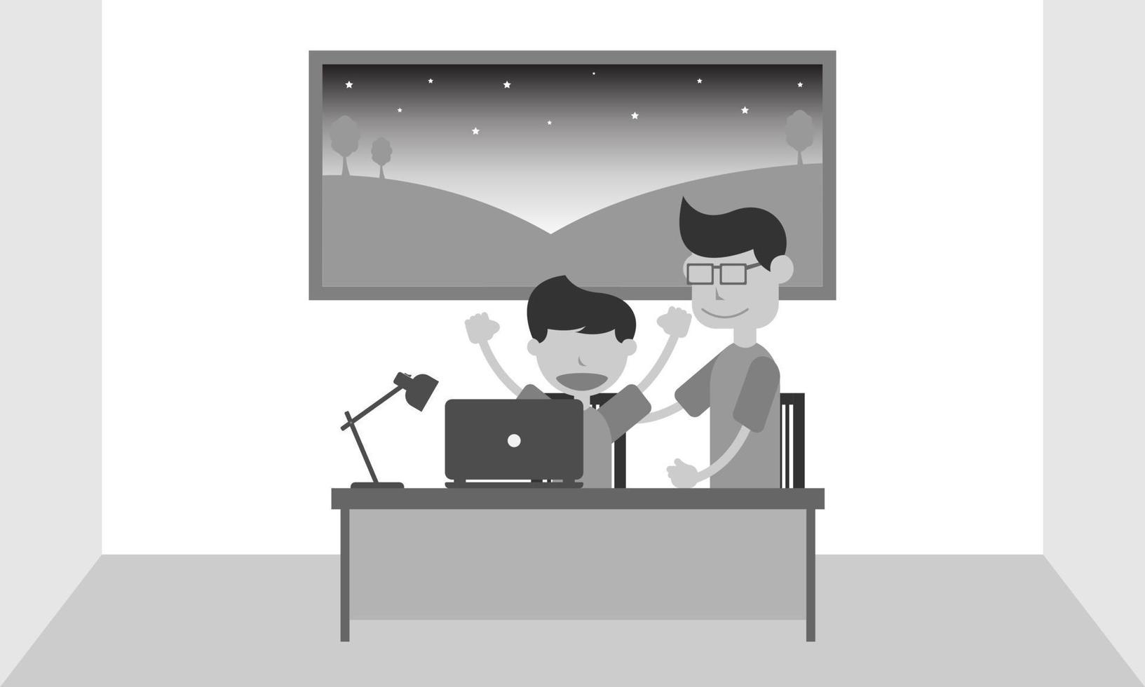 A boy is looking at a laptop happily with his father. Monochrome vector