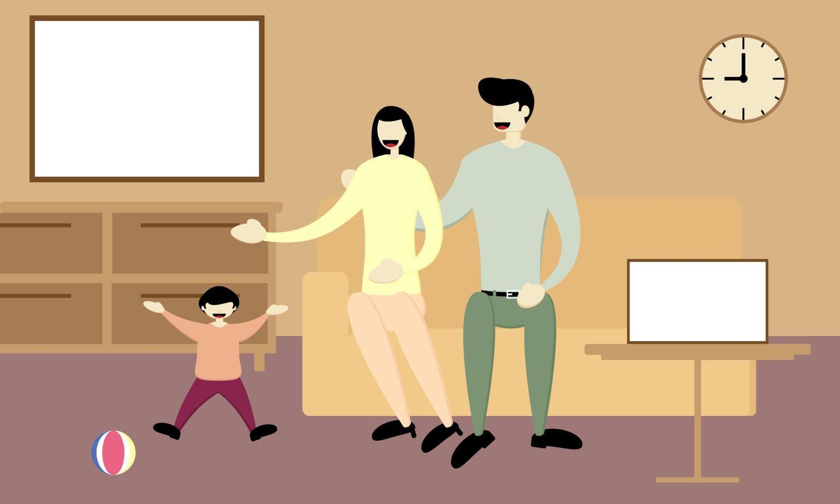 familia feliz en una habitación con espacio para copiar en la pared y en la mesa. adecuado para noticias, educación, promoción de un producto, etc. vector