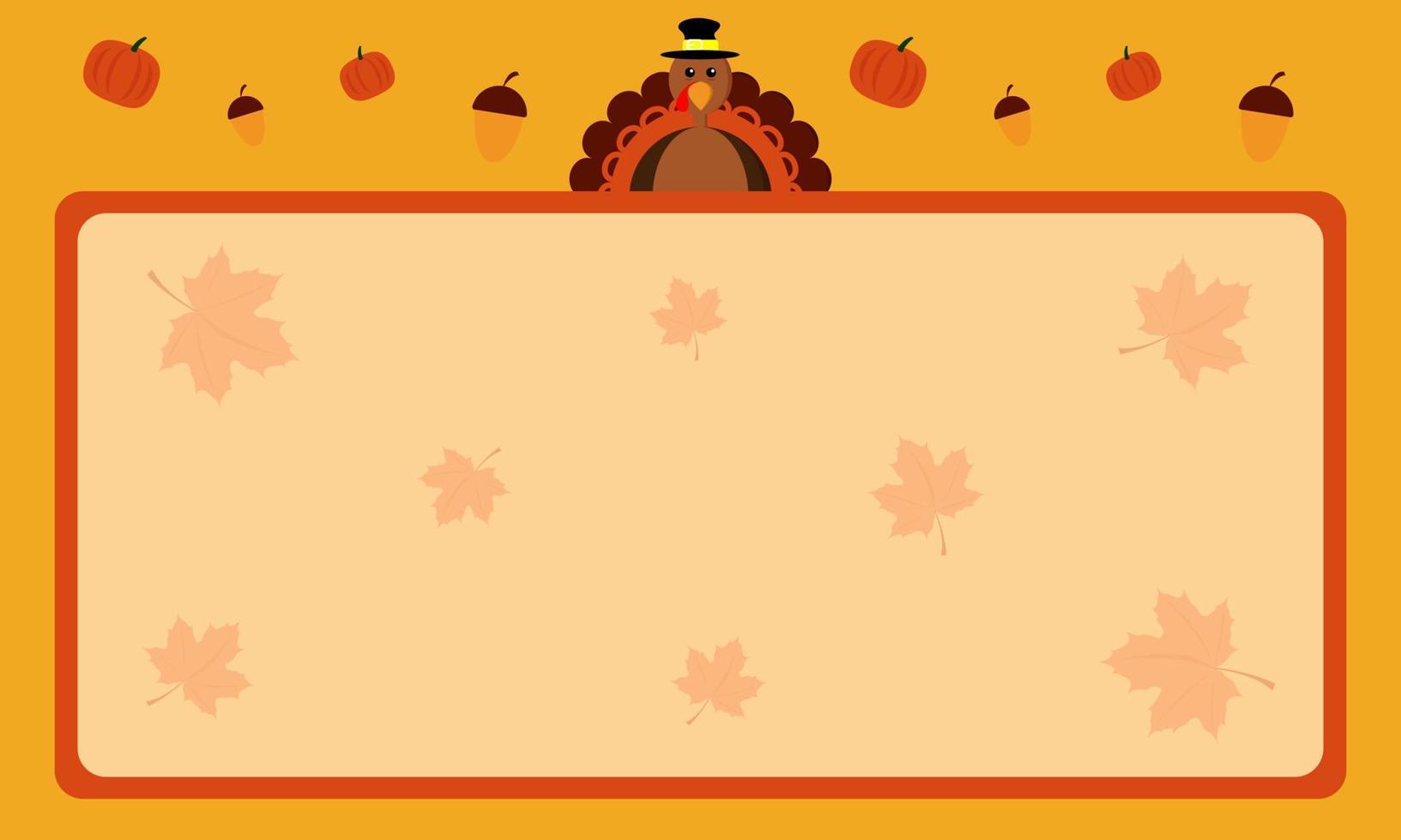 Happy Thanksgiving Day with funny turkey, pumkins, acorns, maple leaves, and copy space area. Suitable for thanksgiving day event vector