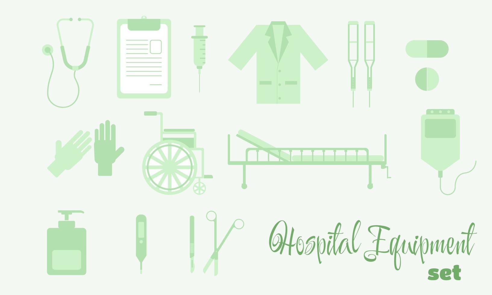 conjunto de iconos de equipo hospitalario. color verde vector