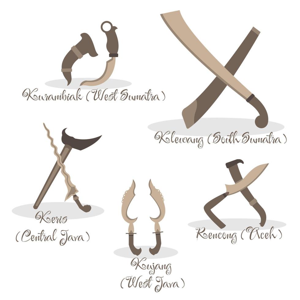 varios tipos de armas tradicionales de indonesia. se llaman kurambiak del oeste de sumatra, klewang del sur de sumatra, kris del centro de java, kujang del oeste de java y rencong de aceh. vector