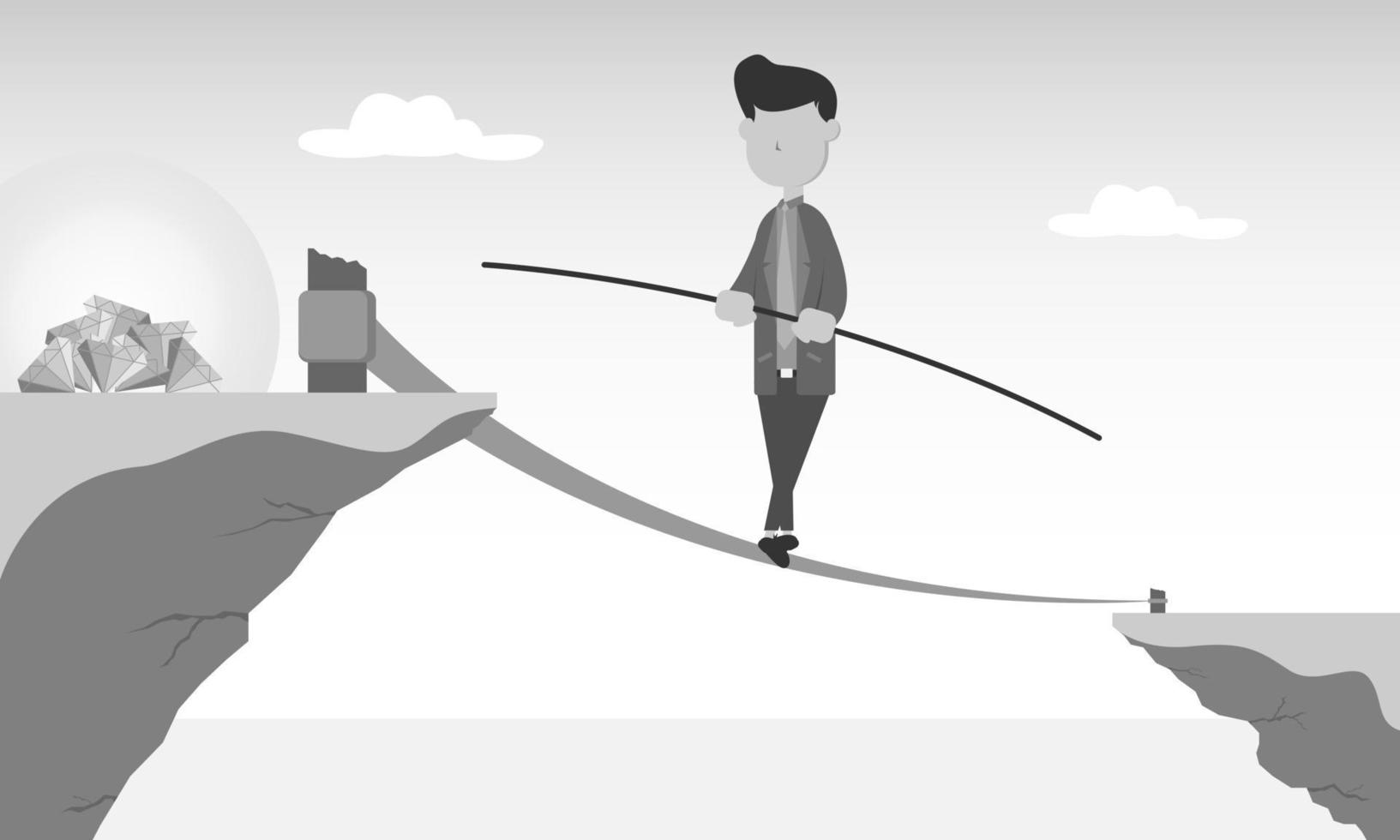 A businessman is crossing a chasm with a rope to get a pile of diamonds. Take risks to get success vector