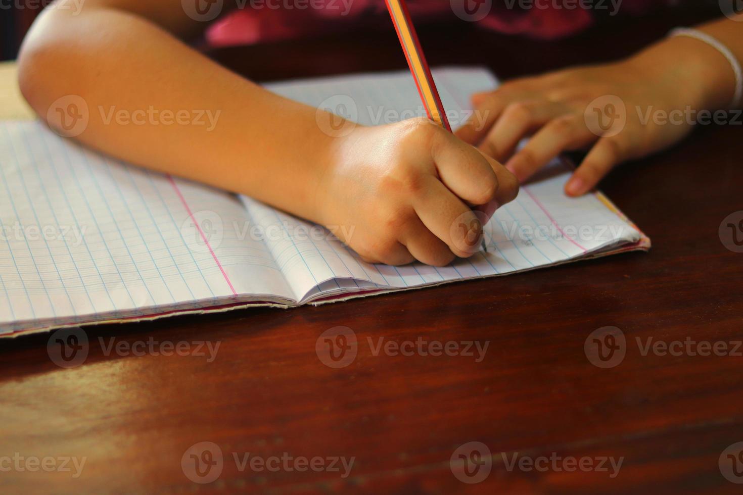 Young girl writing a lesson on a book with a pencil photo