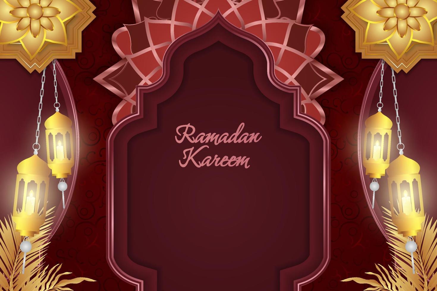 ramadan kareem lujo islámico rojo y dorado con patrón y lámpara de adorno vector