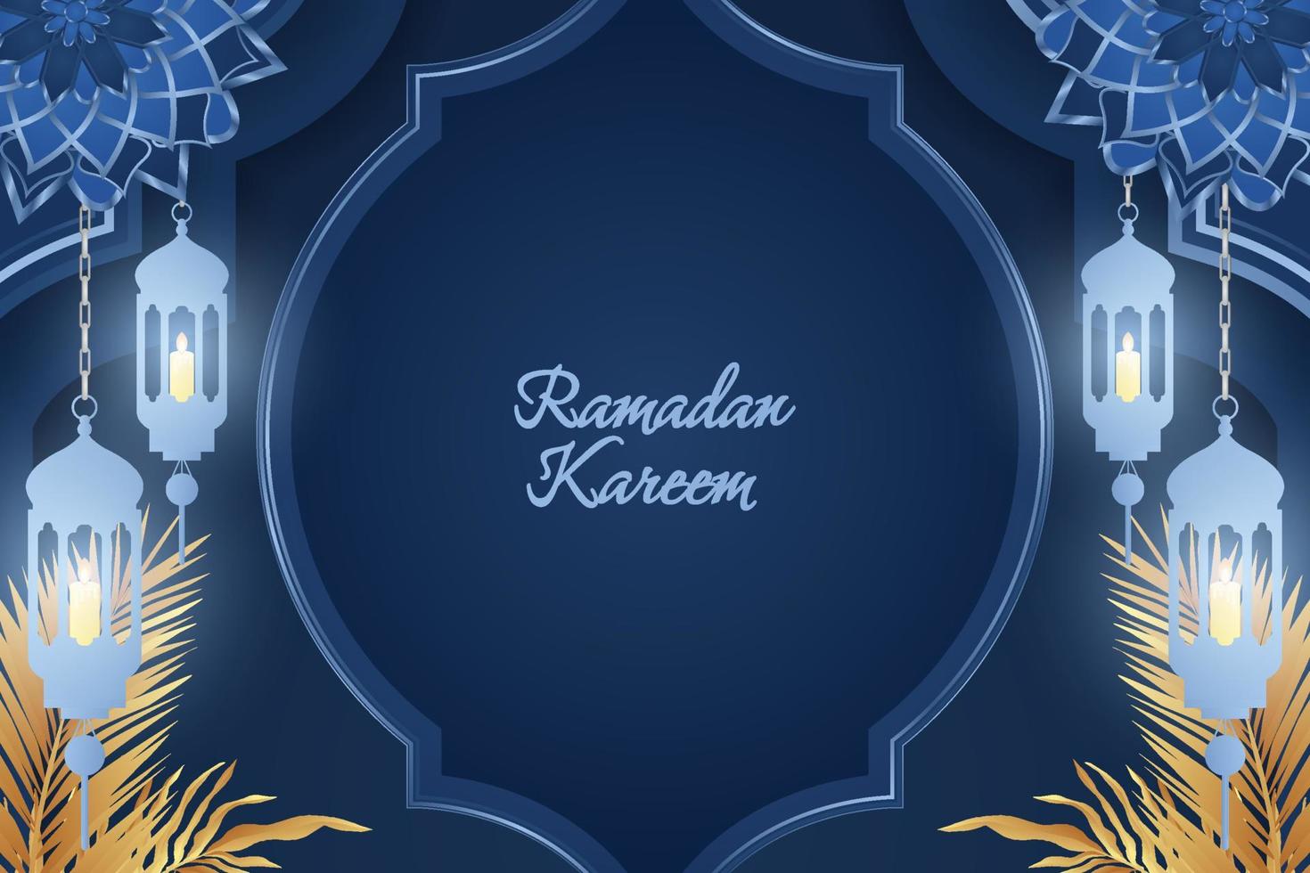 Ramadan Kareem Islamic blue and gold luxury with beautiful ornament lamp vector