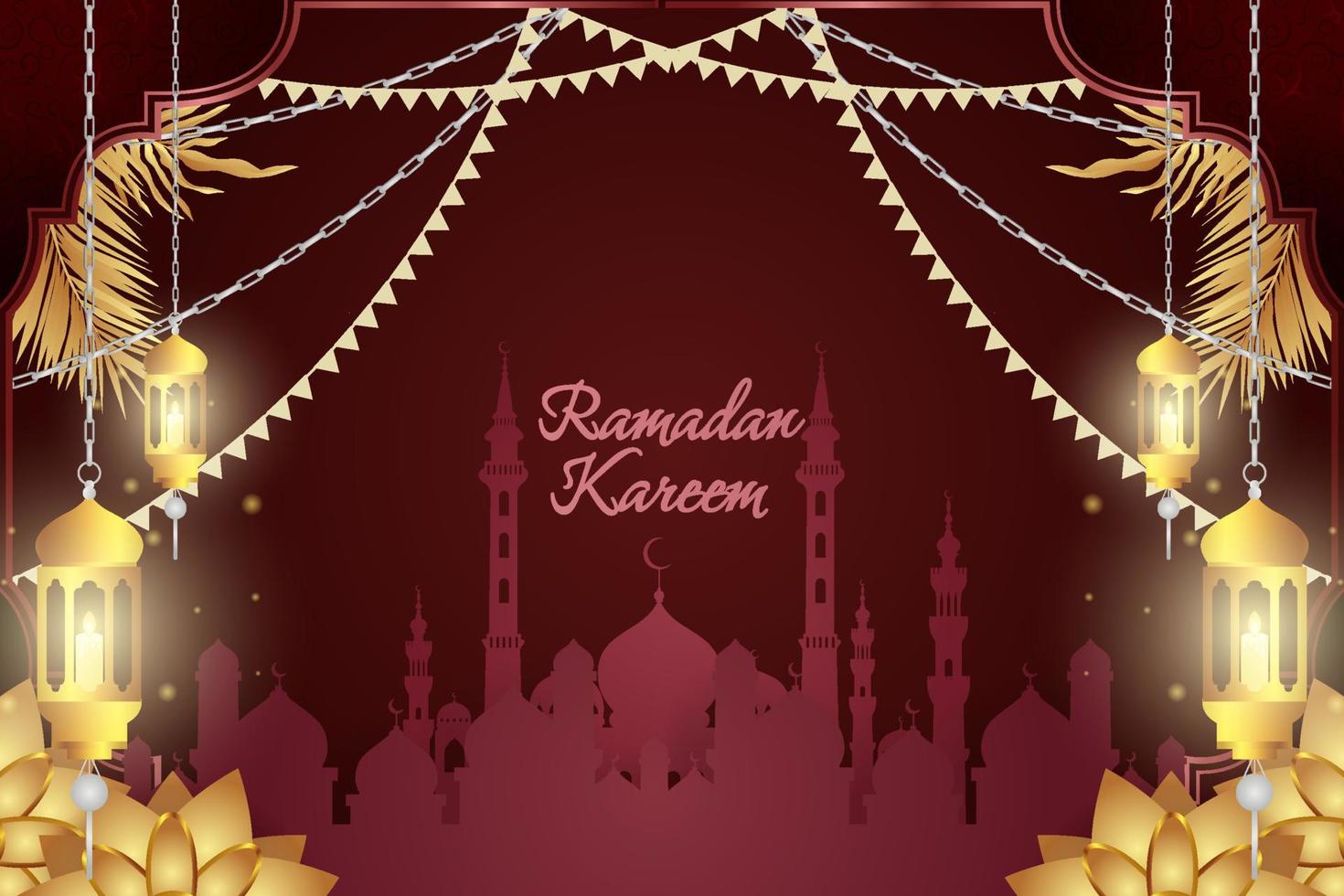 Background Ramadan Kareem Islamic red and gold luxury with mosque vector