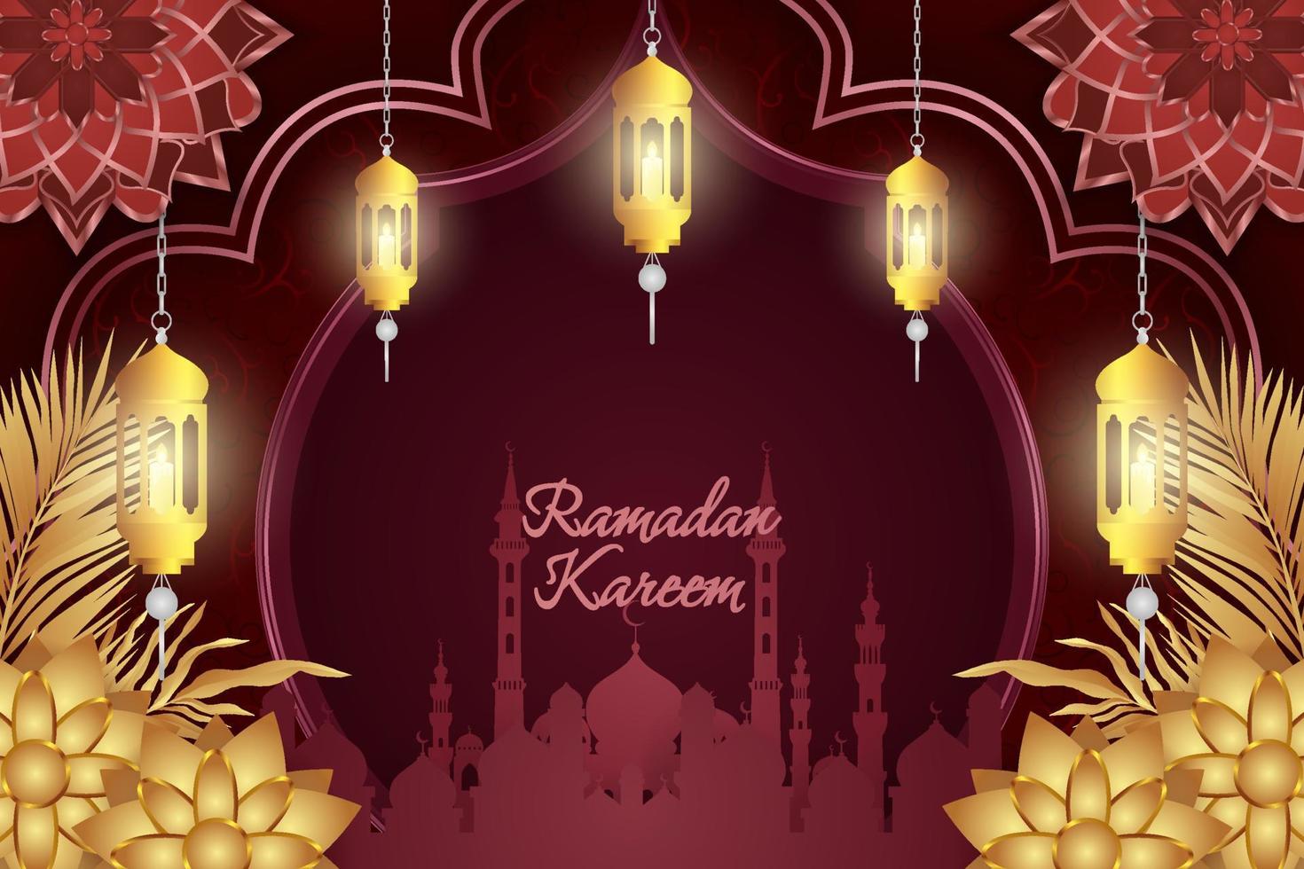 ramadan kareem estilo islámico lujo rojo y dorado con mezquita y hermoso adorno vector