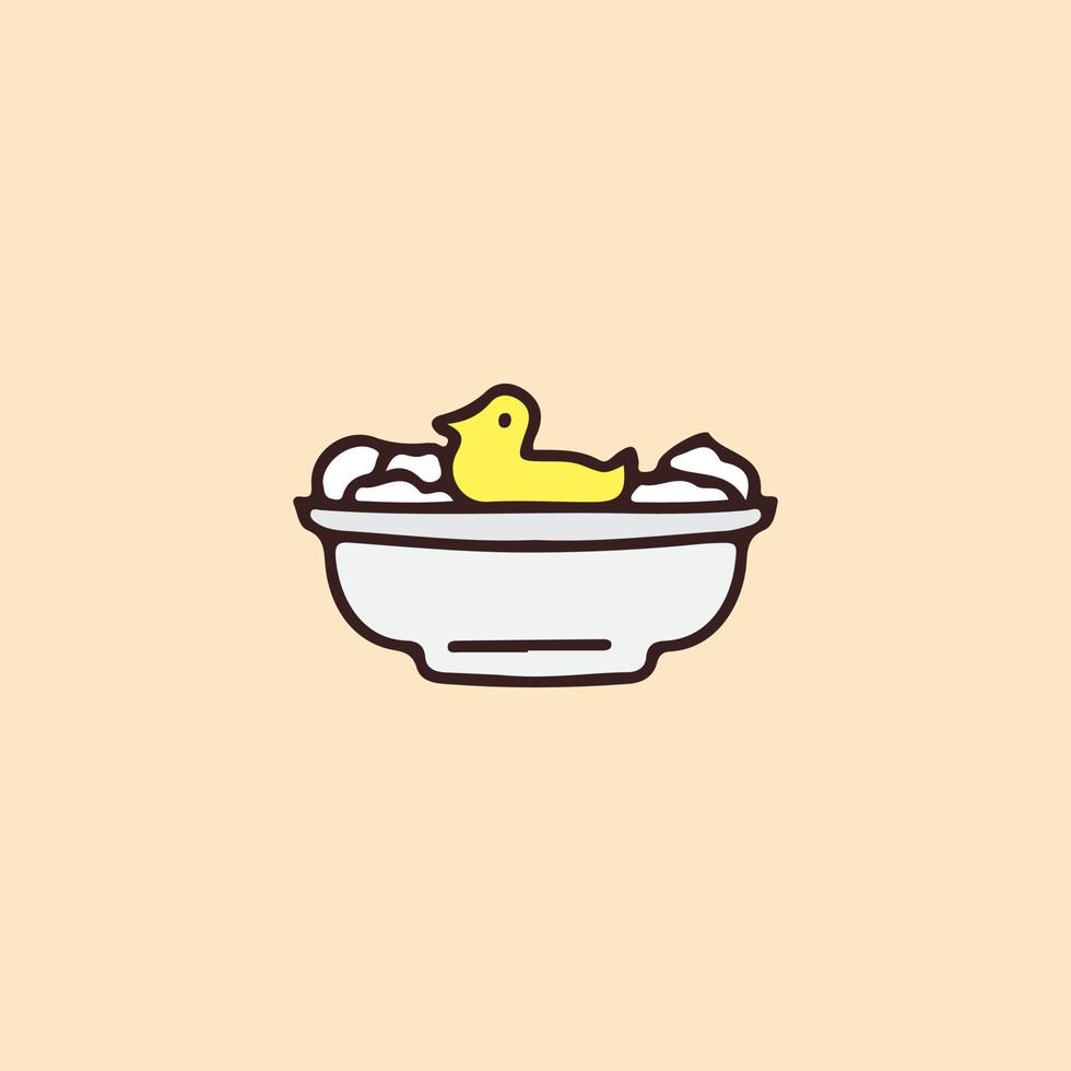 Rubber duck on bathtub, illustration for t-shirt, sticker, or apparel merchandise. With doodle, retro, and cartoon style. vector