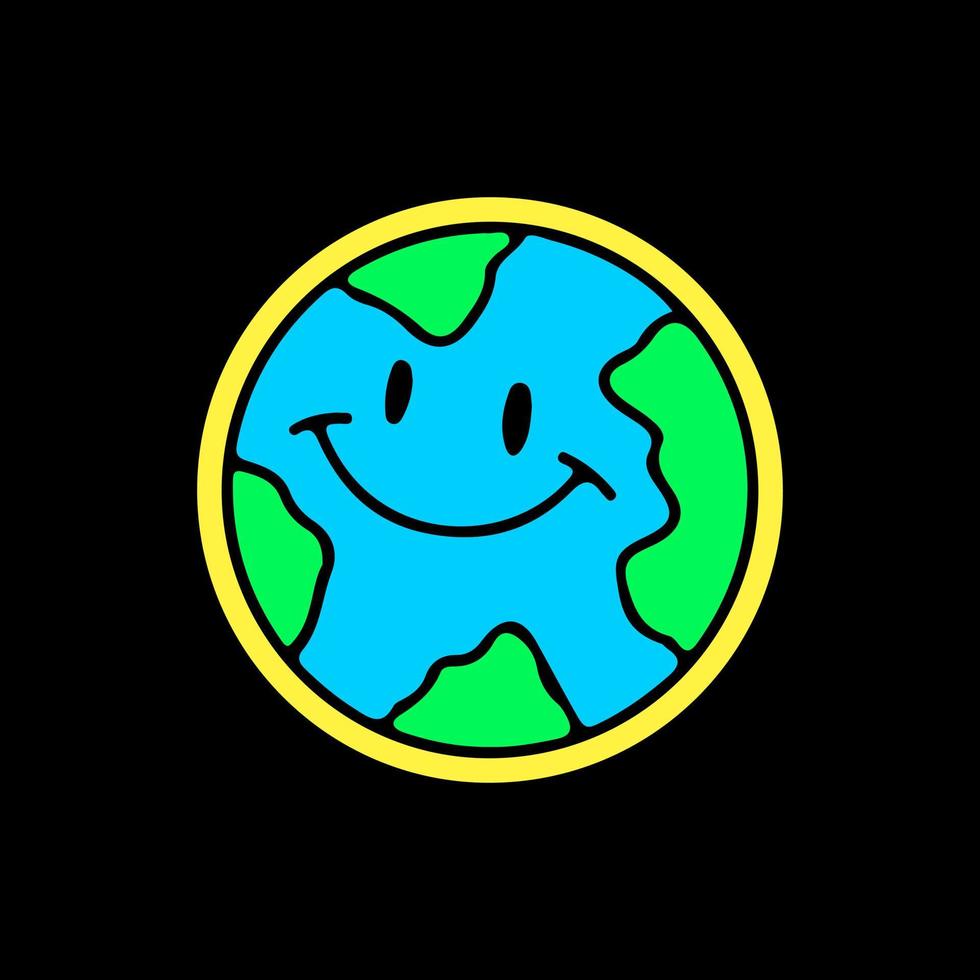planeta tierra con emoji de sonrisa, ilustración para camisetas, pegatinas o prendas de vestir. con estilo garabato, retro y caricatura. vector