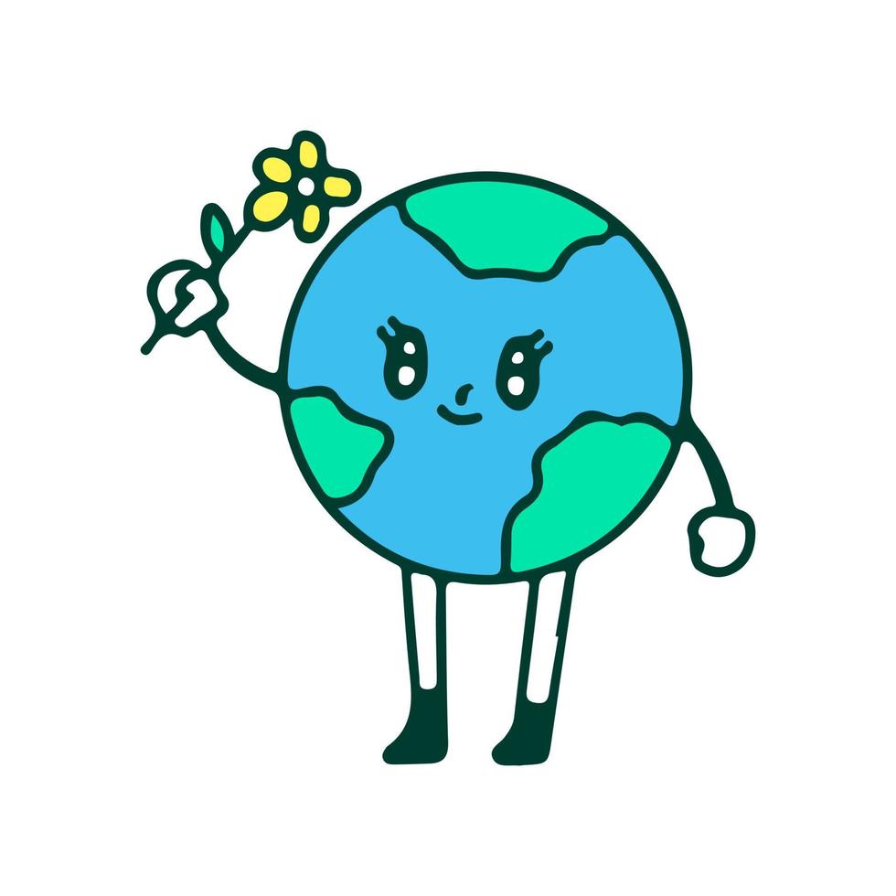 Cute earth planet holding sunflower, illustration for t-shirt, sticker, or apparel merchandise. With doodle, retro, and cartoon style. vector