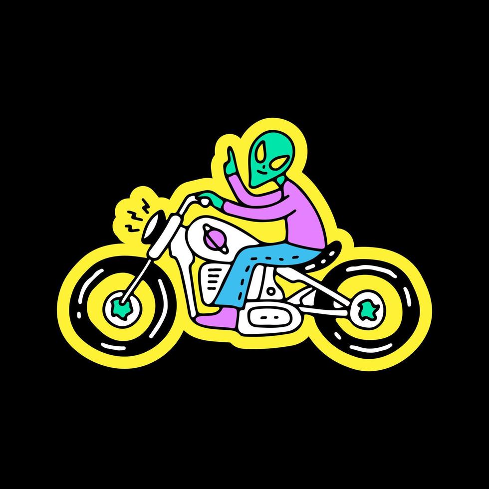 moto alienígena, ilustración para camisetas, pegatinas o prendas de vestir. con estilo garabato, retro y caricatura. vector