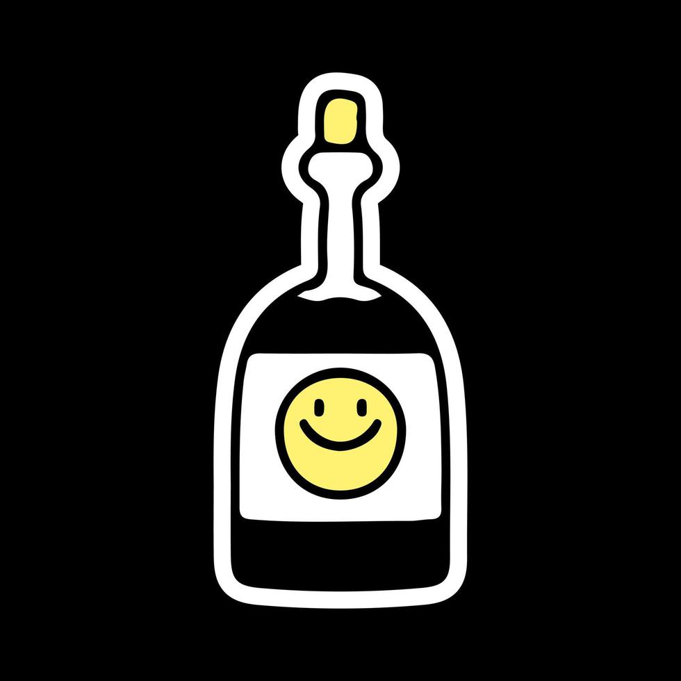 Alcohol bottle with smile emoji, illustration for t-shirt, sticker, or apparel merchandise. With doodle, retro, and cartoon style. vector