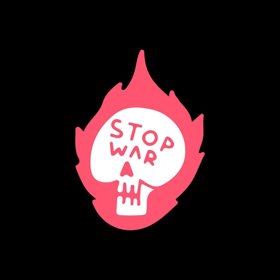 cabeza de calavera en llamas con tipografía stop war, ilustración para camisetas, pegatinas o prendas de vestir. con estilo garabato, retro y caricatura. vector