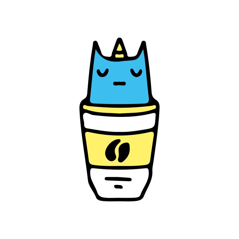 Unicorn cat and coffee, illustration for t-shirt, sticker, or apparel merchandise. With doodle, retro, and cartoon style. vector