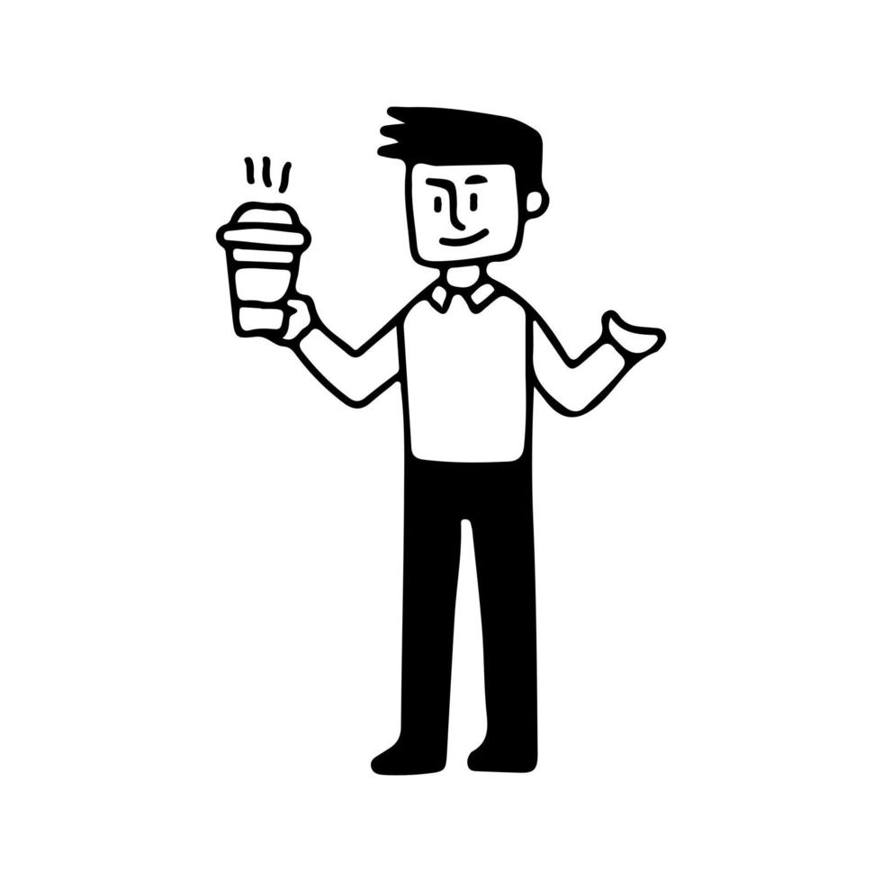 Young man with coffee, illustration with doodle, retro, and cartoon style. vector
