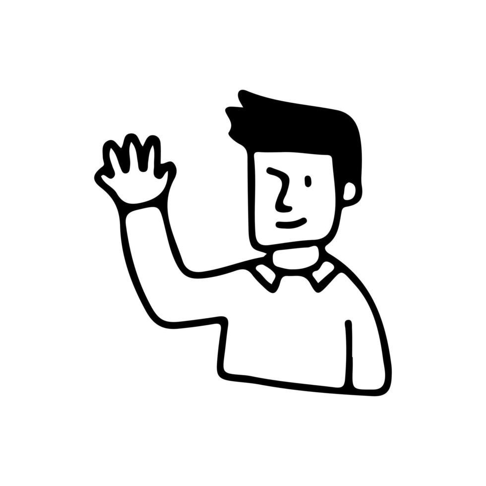 Young man with hello gesture, illustration with doodle, retro, and cartoon style. vector