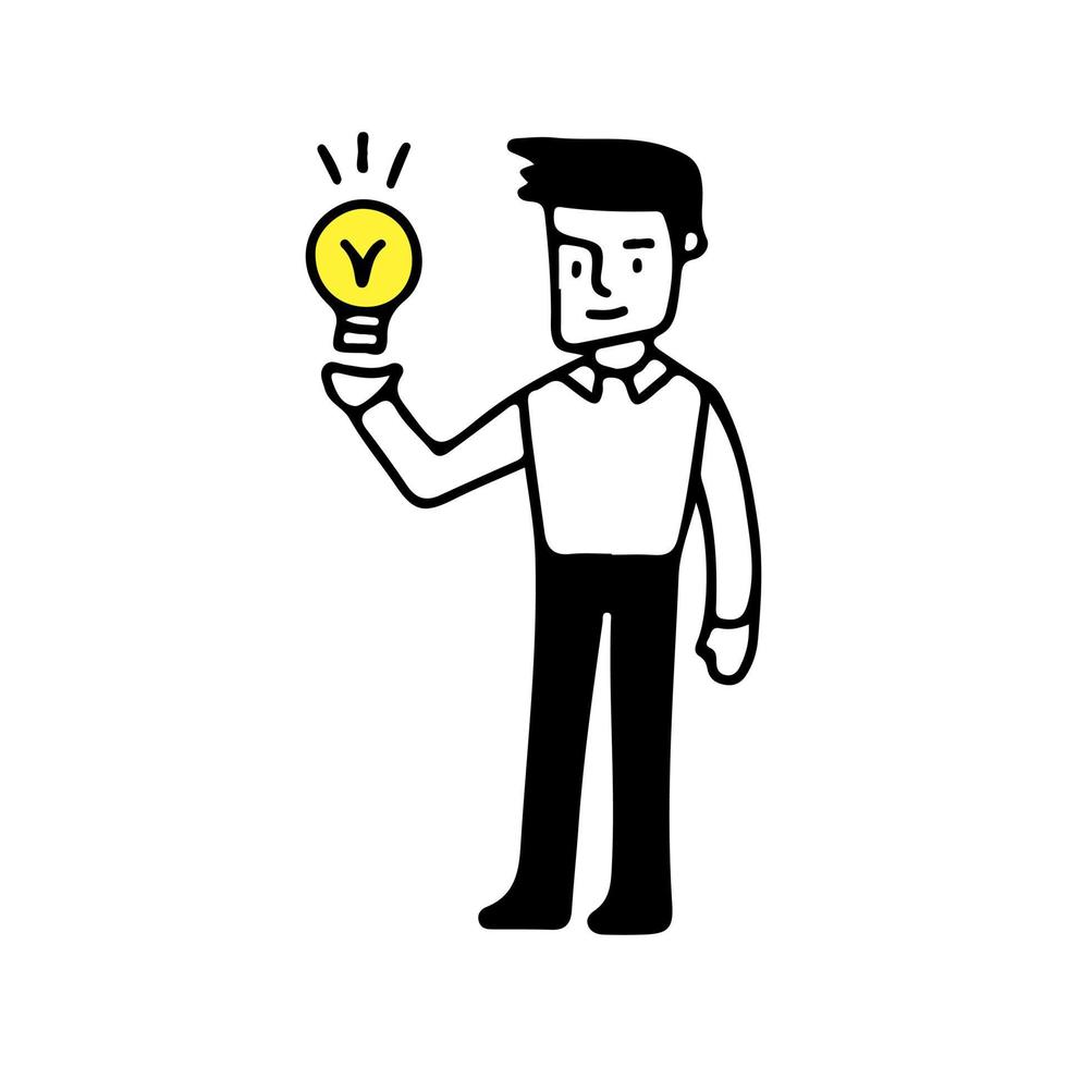 Young man with lamp idea, illustration with doodle, retro, and cartoon style. vector