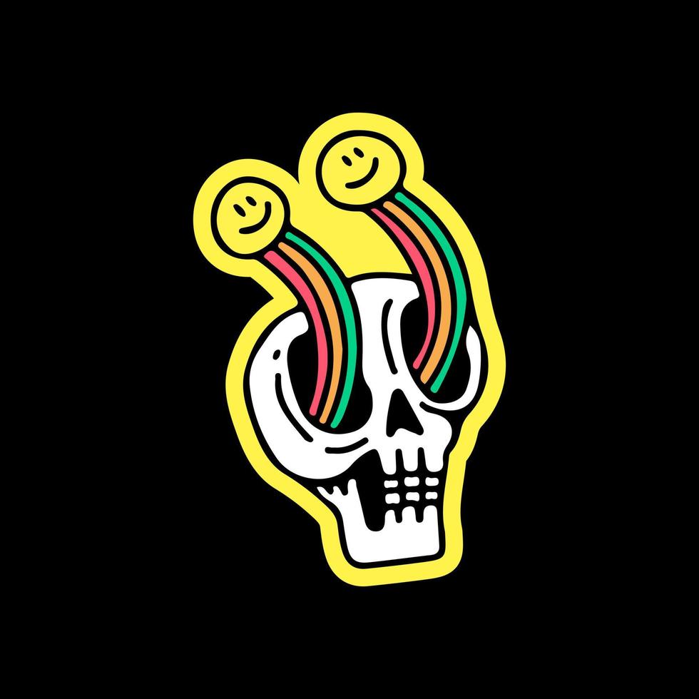 Skull head with smile emoji and rainbow, illustration for t-shirt, sticker, or apparel merchandise. With doodle, retro, and cartoon style. vector