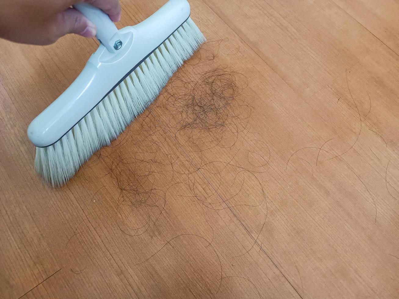 Hand holding a broom to clean the hair on the wooden floor. photo