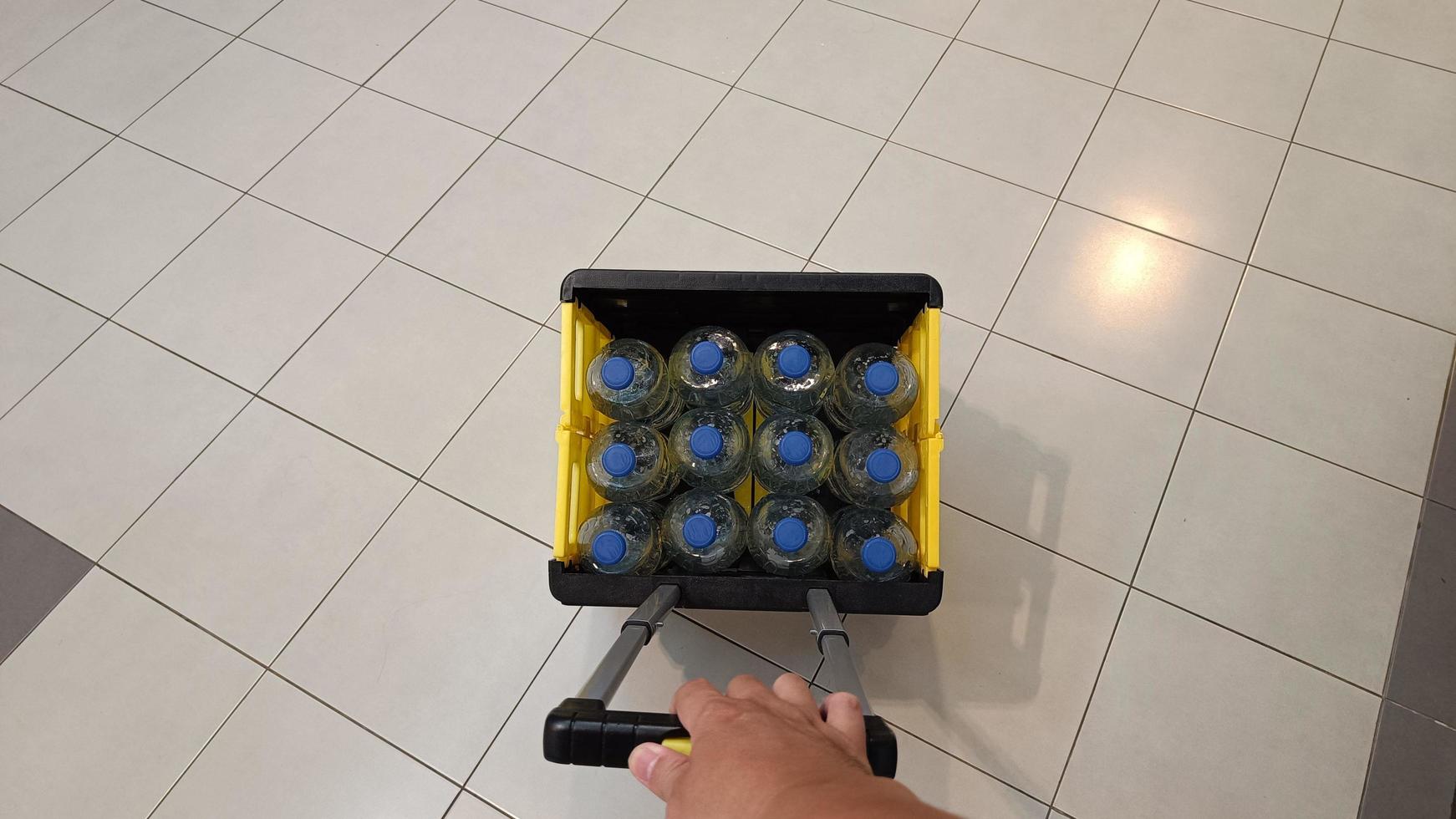 Happy Delivery man Holding trolley With Water Bottles photo