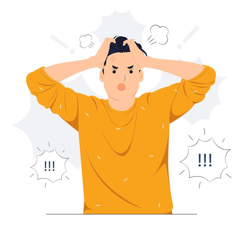 Man feeling angry with brain explosion stressed, shocked, surprise face, angry and frustrated. Fear and upset for making mistake concept illustration vector