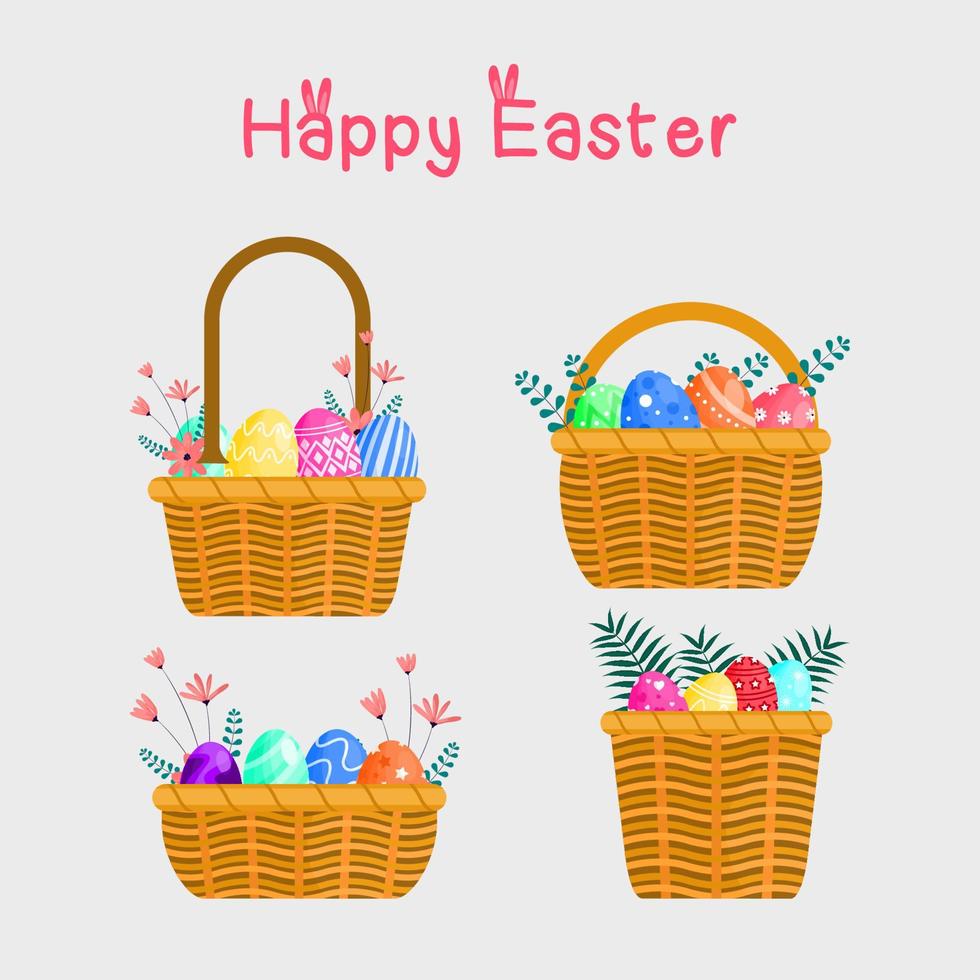 Happy Easter Day. Colorful Easter eggs in basket element vector illustrations