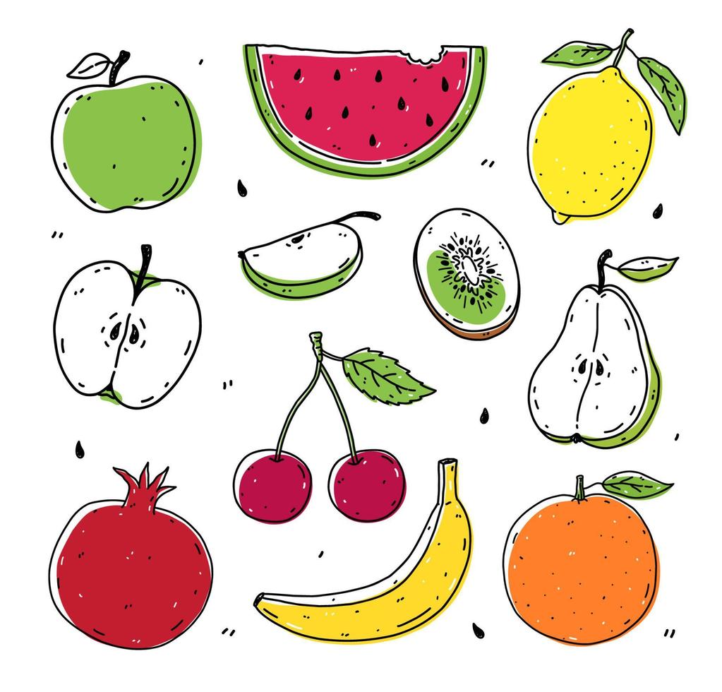 conjunto de frutas y bayas: manzana, sandía, limón, kiwi, cereza, pera, granada, plátano y naranja. alimentos orgánicos saludables. ilustración vectorial dibujada a mano en estilo garabato. vector