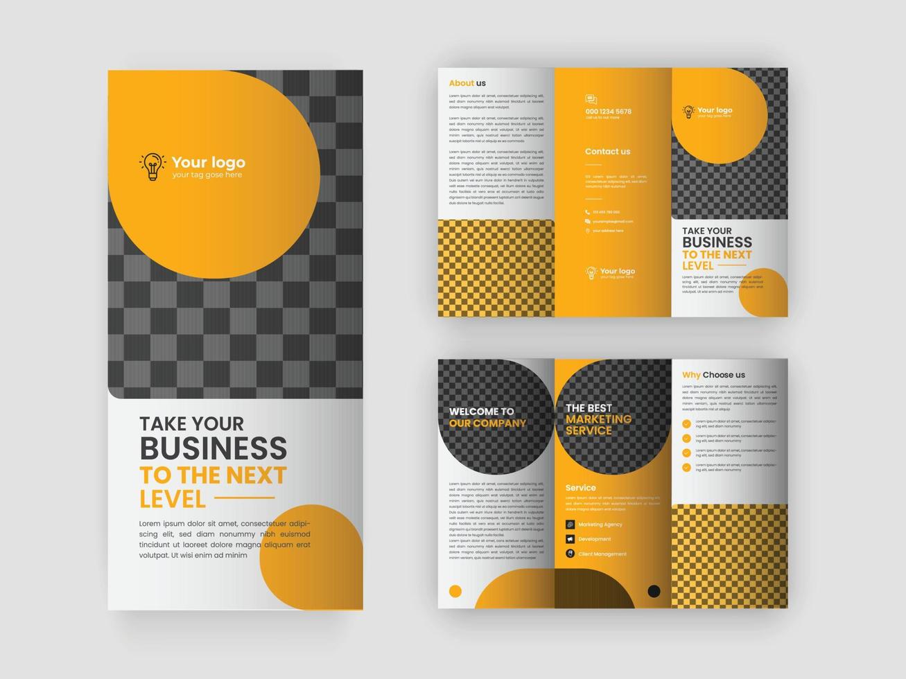 Tri fold brochure design with orange color. business trifold Leaflet Brochure vector