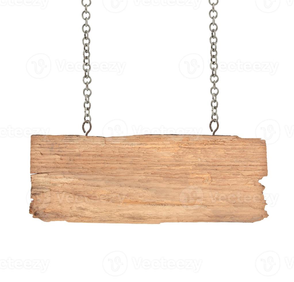 Old  wooden sign with chain on white background photo