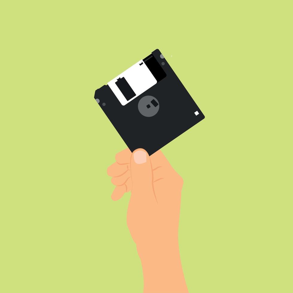 Illustration Vector Graphic Flat Design of Retro Classic Floppy Disk With Hand  90's Vibe. Suitable for creative industries, multimedia, entertainment, and other related businesses.