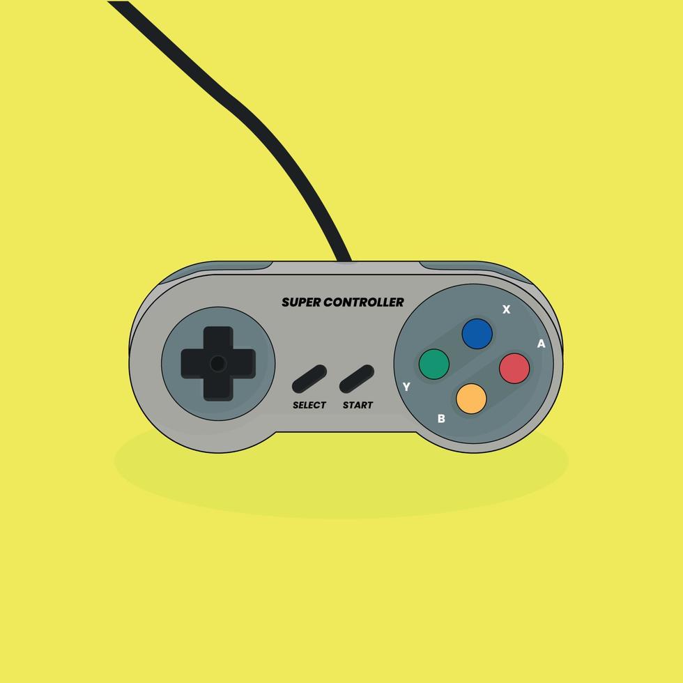 ilustración del vector de controlador vintage de videojuegos aislado en fondo amarillo, gamepad retro, 16bit, joypad, controlador vintage, dispositivo de entrada para consola de videojuegos antigua, ilustración vectorial.