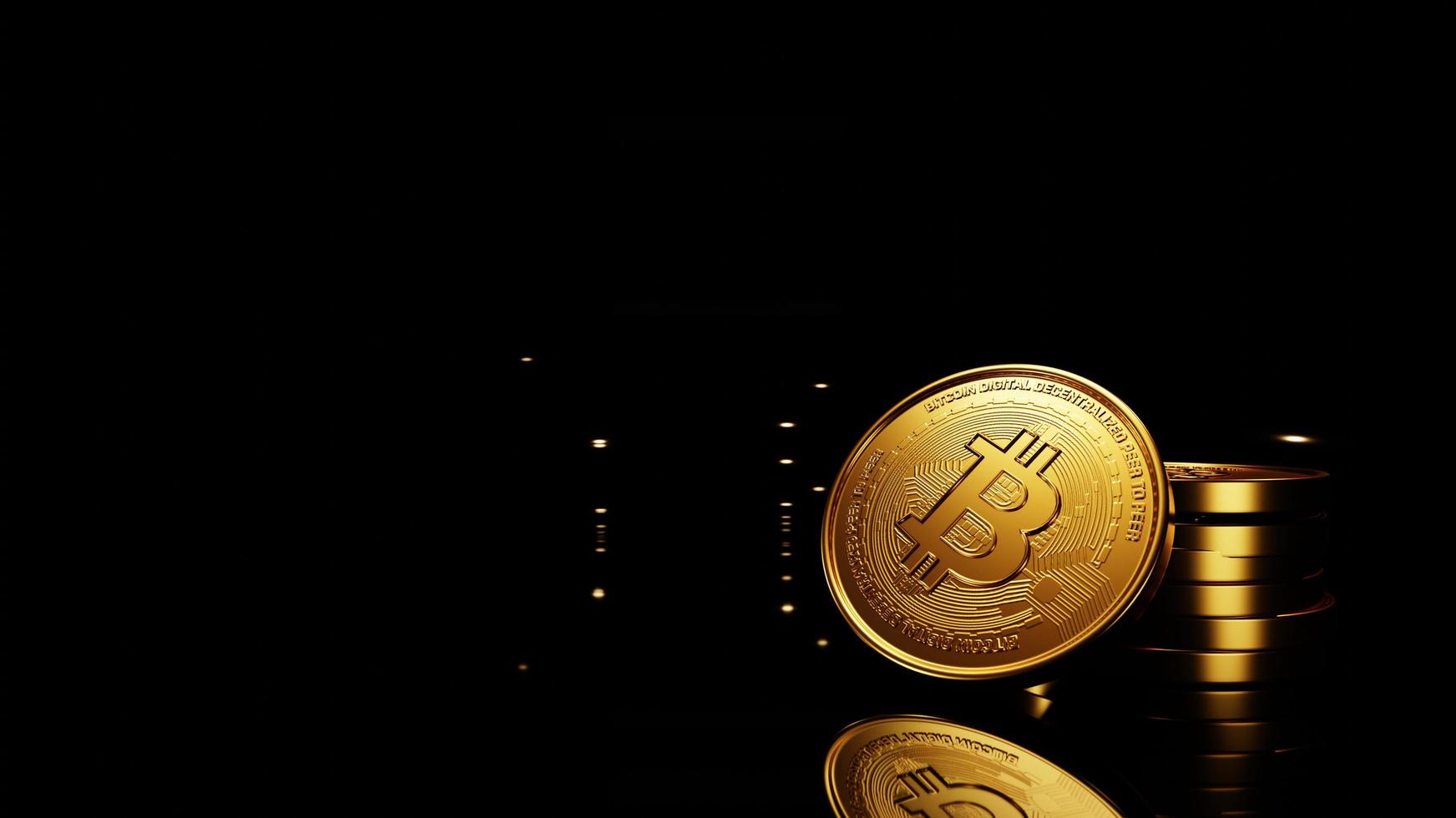 3D Render, Golden coins digital currency, Bitcoin, BTC, Cryptocurrency coins background, Stock market with copy space photo