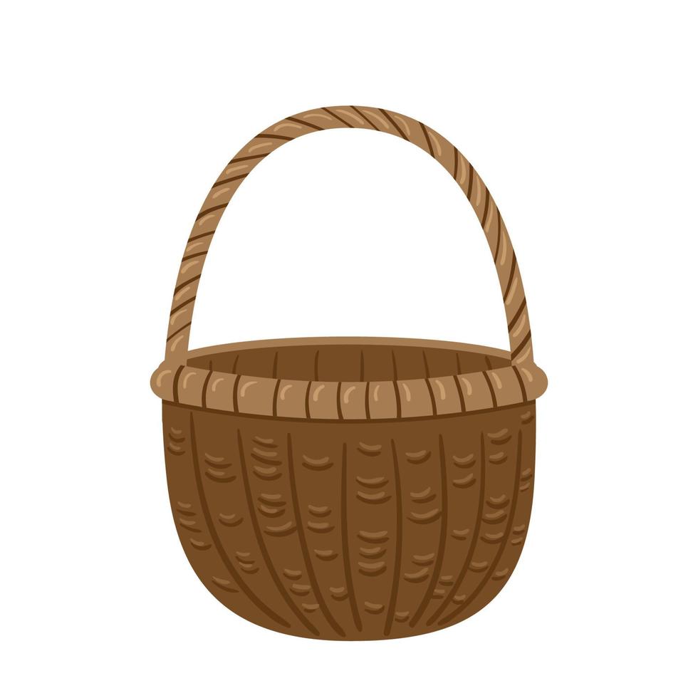 Empty woven wicker basket. Vector cartoon illustration isolated on white background.