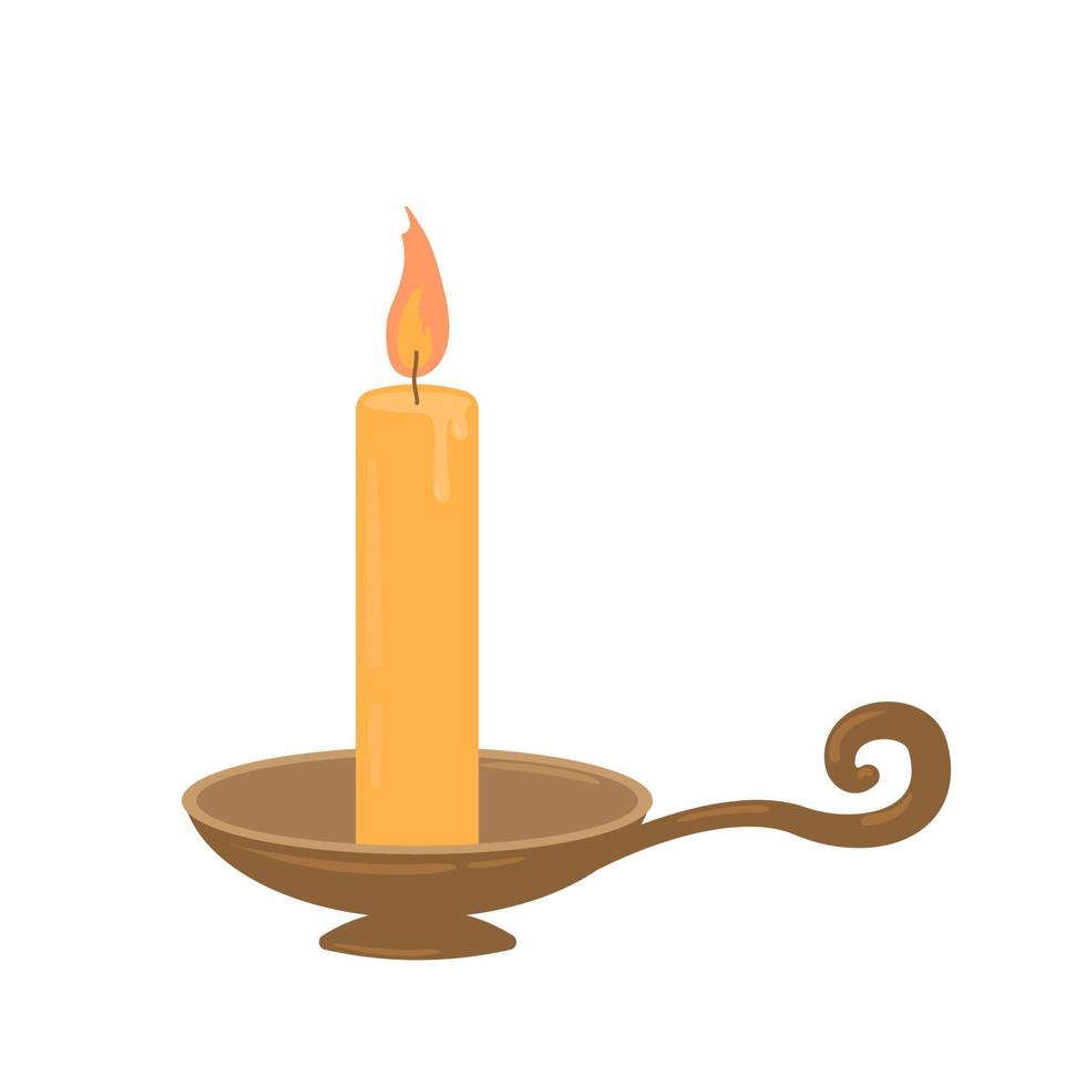 Lit candle with flame in candlestick, vintage candle holder flat cartoon vector illustration isolated on white background. Religious wax candle icon easter or christmas traditional symbol.