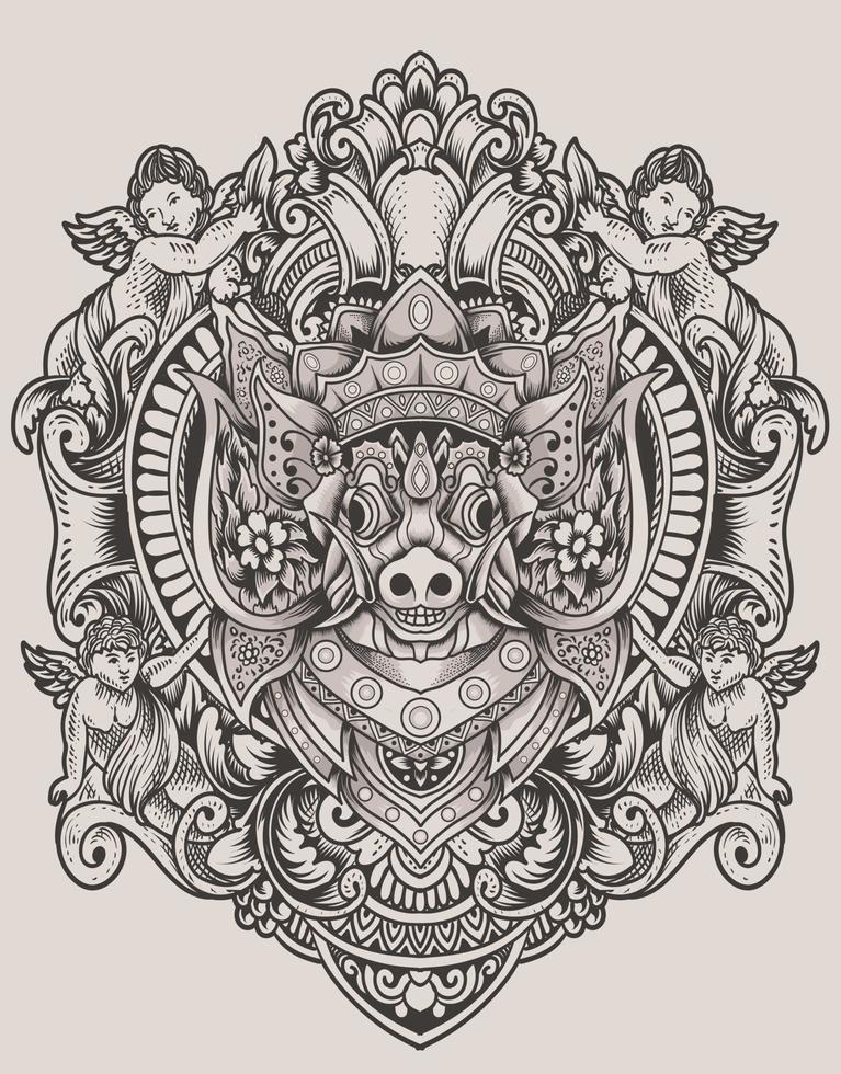 Illustration barong bangkung head with vintage engraving ornament vector