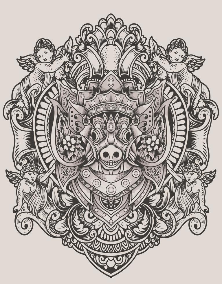 cabeza de ilustración barong bangkung con adorno de grabado vintage vector