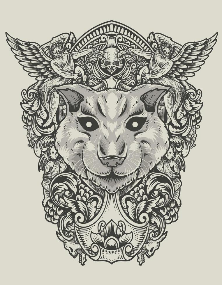 illustration cat head with engraving ornament vector