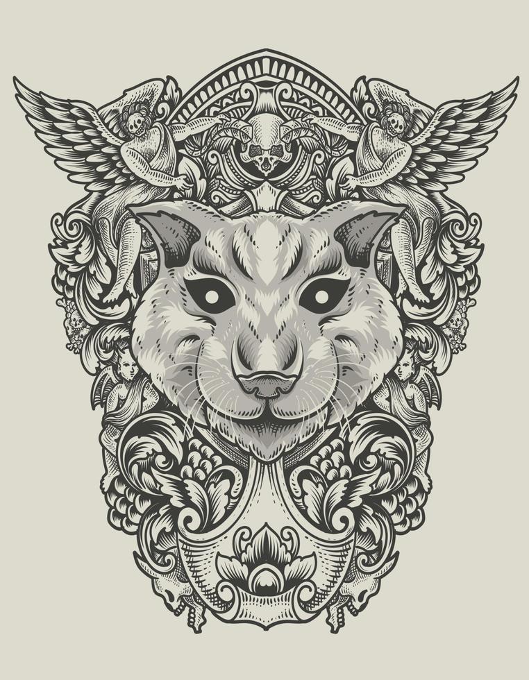 ilustración, cabeza de gato, con, grabado, ornamento vector