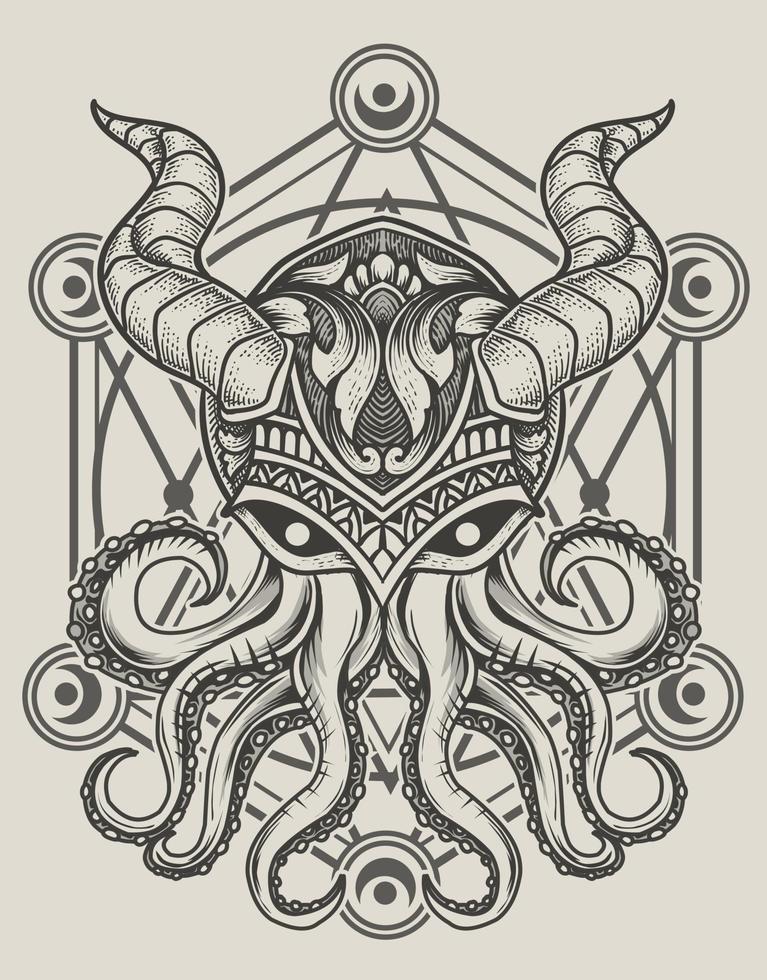 illustration vintage octopus with sacred geometry vector