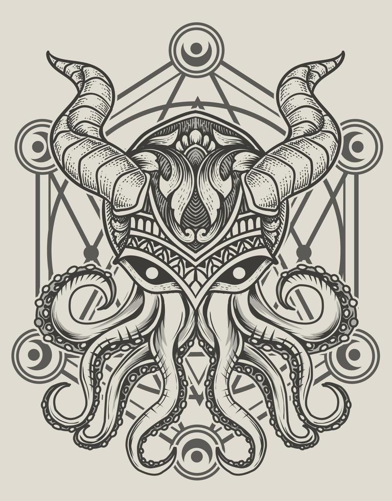 ilustración pulpo vintage con geometría sagrada vector