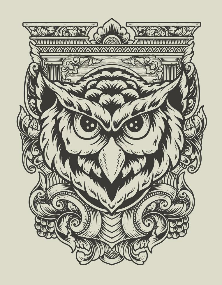 illustration owl head with engraving ornament vector