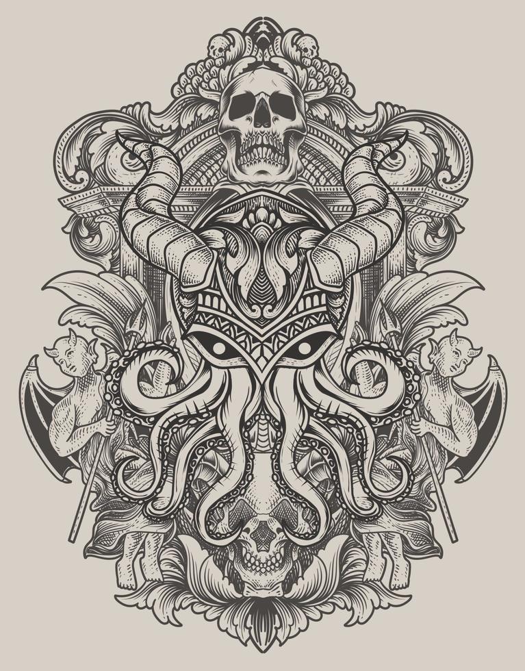illustration vintage octopus with engraving ornament style vector