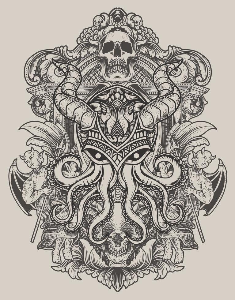 ilustración pulpo vintage con estilo de ornamento grabado vector