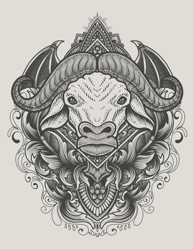 illustration buffalo head with engraving ornament vector